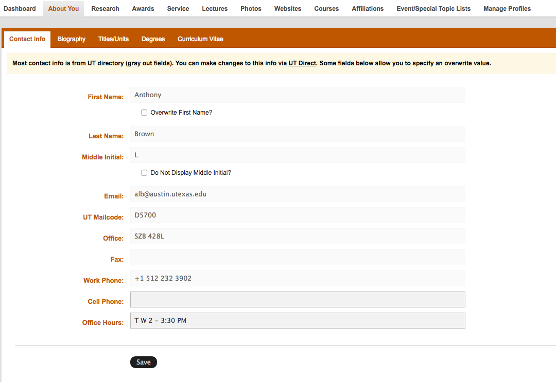 Screen grab of the contact info page showing what is pulled in from the UT Directory.