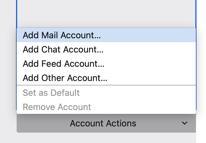Account Actions menu with Add Mail Account item highlighted