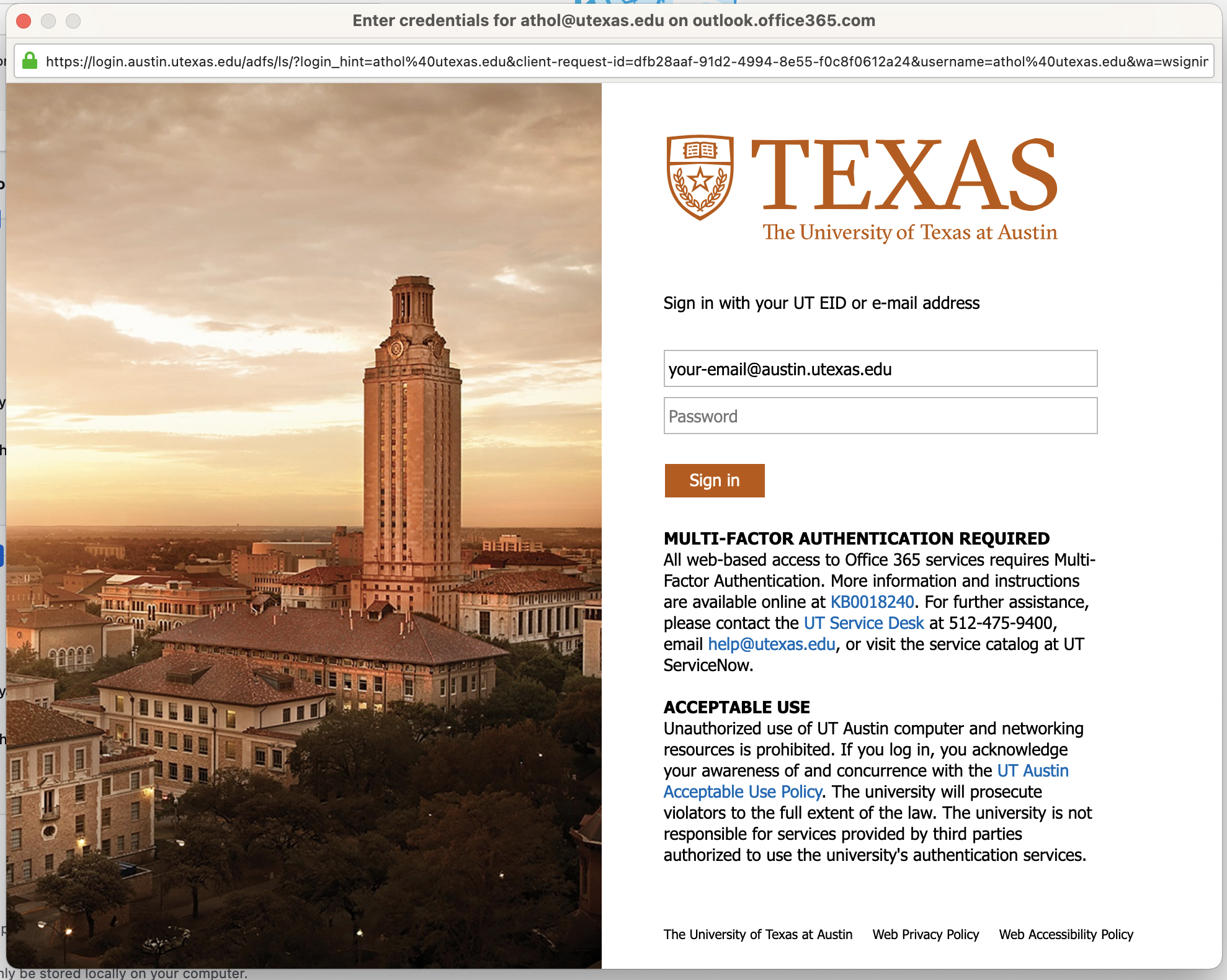 The UT Login Screen is shown. An image of the UT Tower is on the left half with authentication fields on the right below the UT Austin logo. 