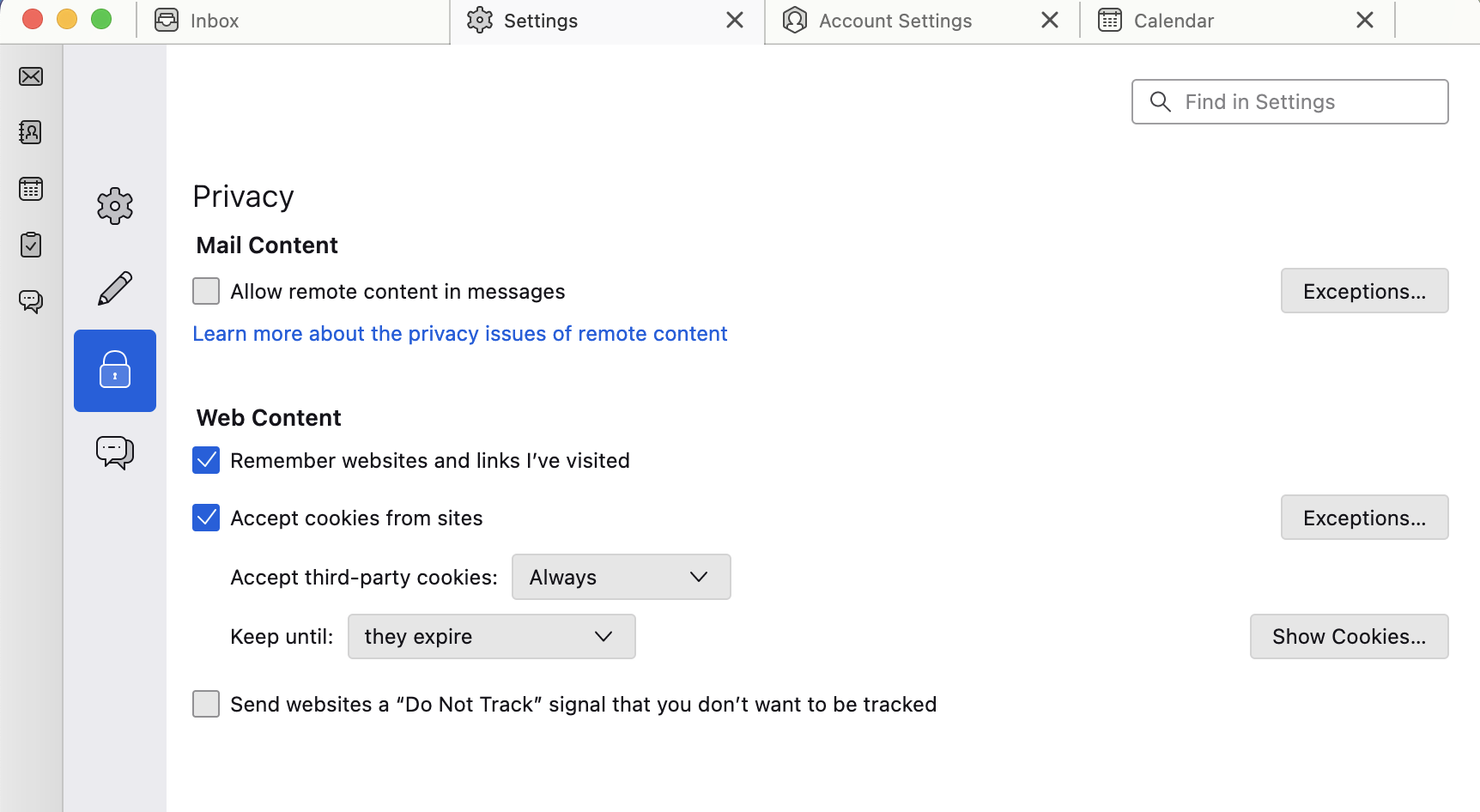 Privacy settings shown with the Web Content settings set as described in the written instructions.