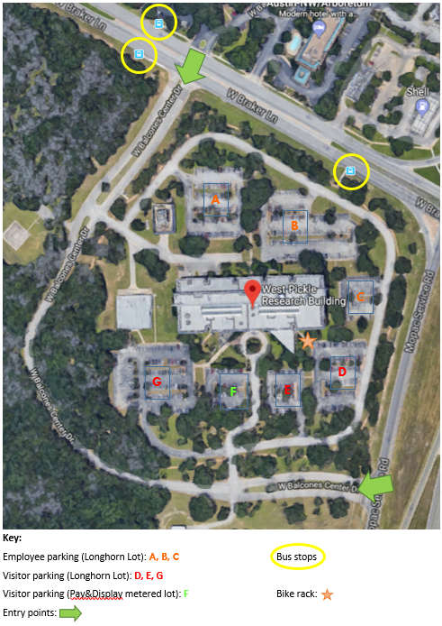 satellite image of WPR and surrounding area with 3 nearby bus stops circled on Braker Lane and the two parking lot entrances markes (1 on Braker Lane and 1 on the MoPac service road).