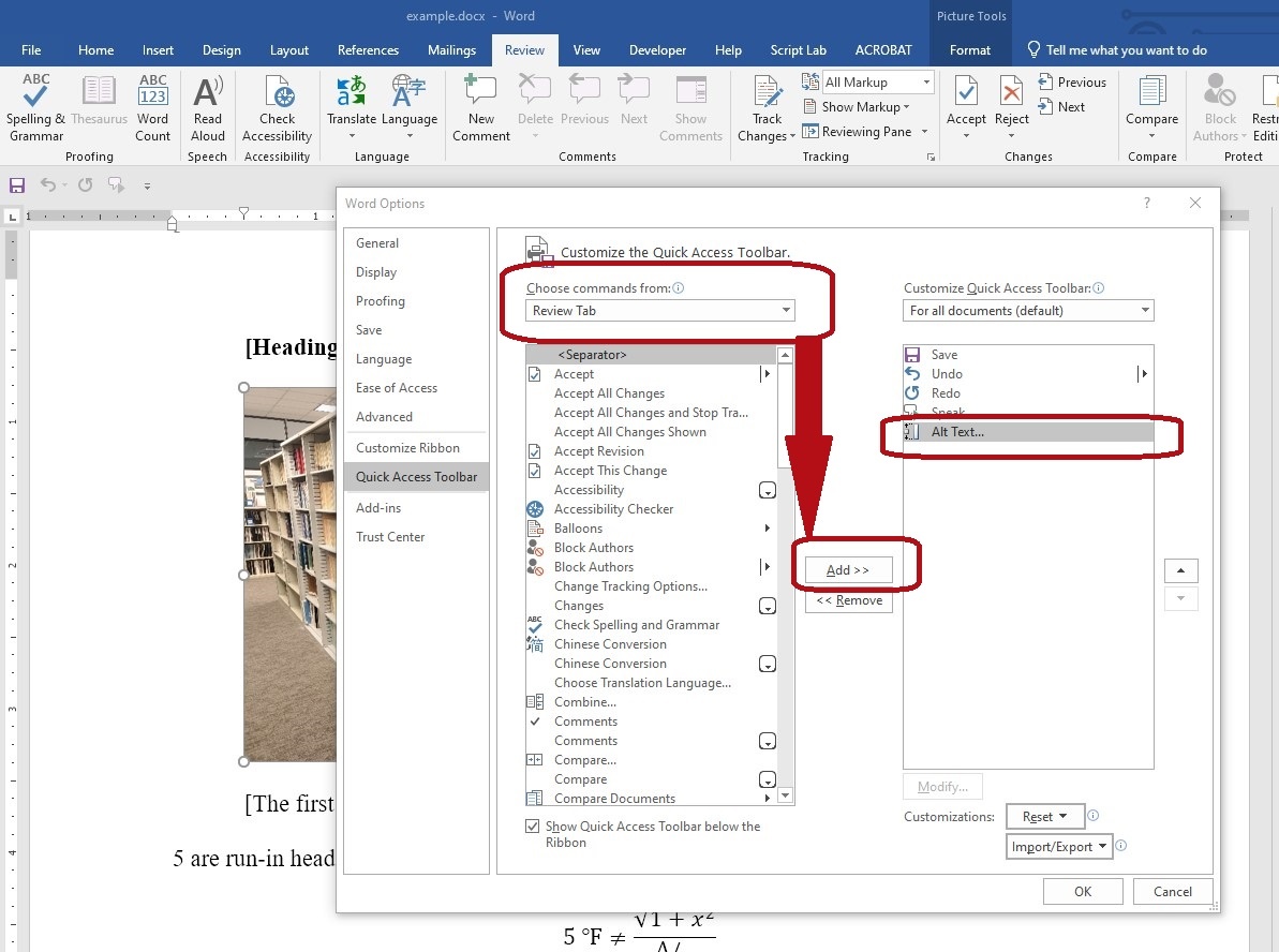 screenshot of MS Word ribbon customization options
