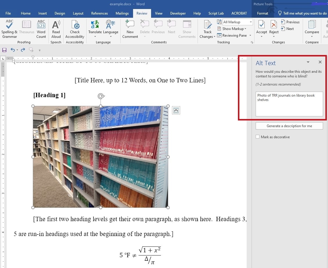 MS word document screen to enter alt-text