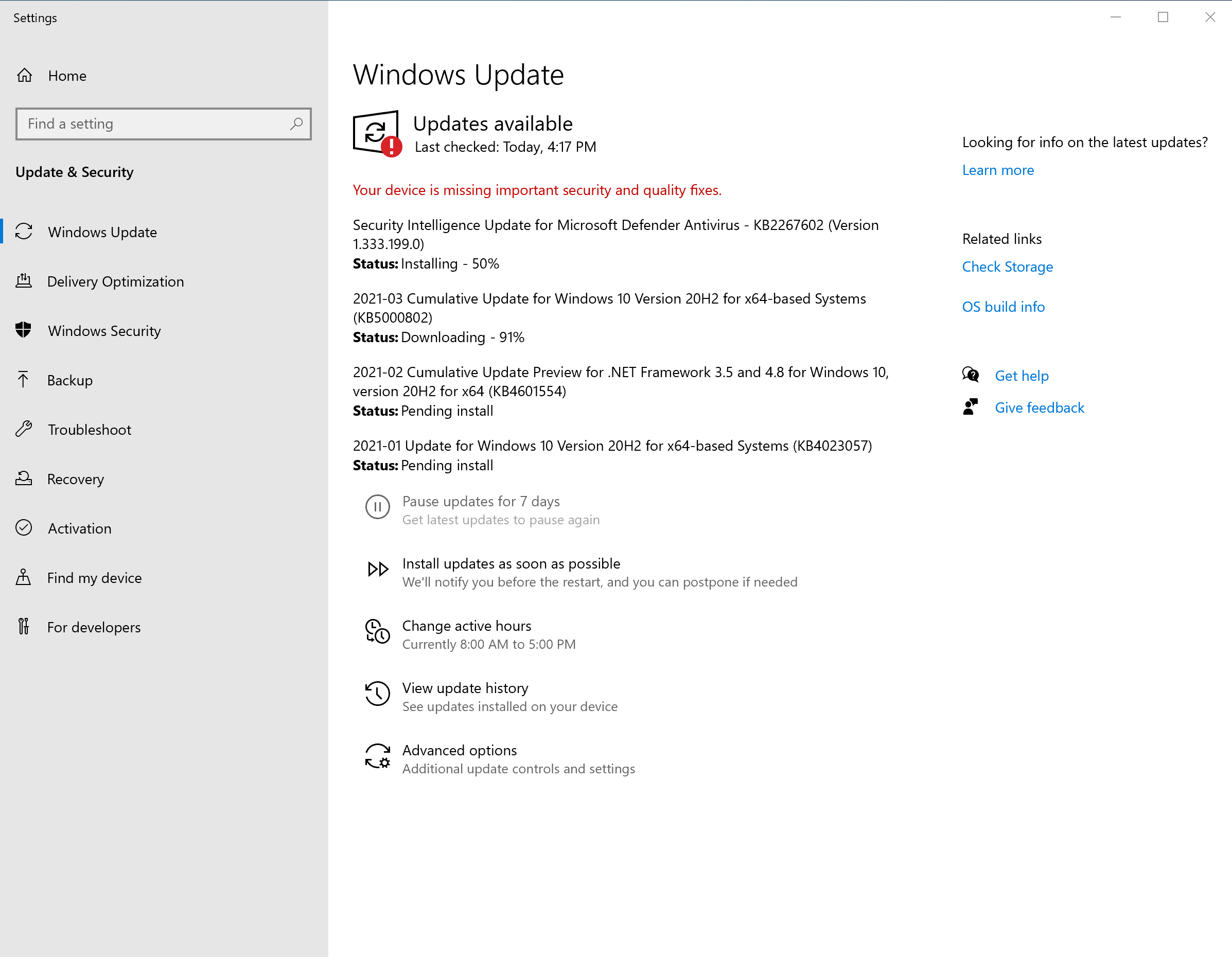 Windows Update download status in Settings