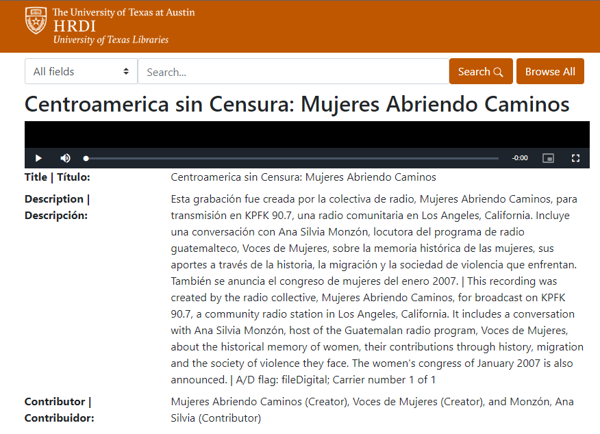 Screenshot of a collection item from HRDI. Demonstrates a full translation of a collection record. This record is entirely in Spanish.