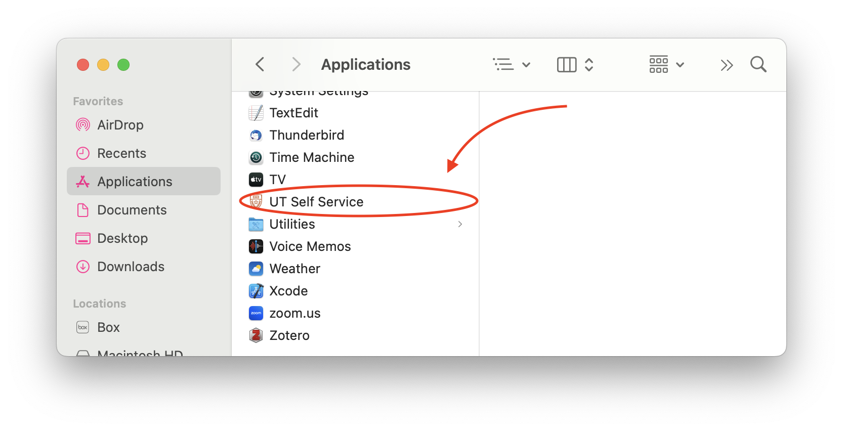 Finder, opened to the Applications folder, is shown with the UT Self Service app circled.