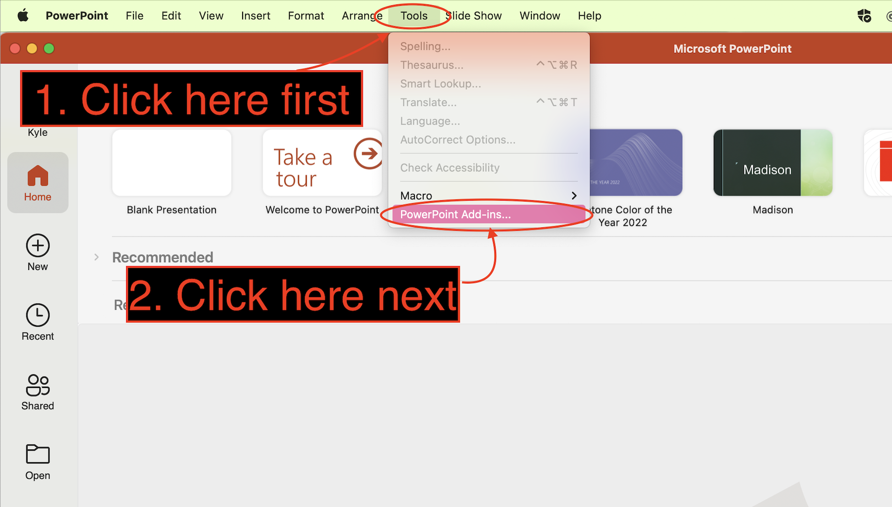 PowerPoint Tools menu selected with the Add-ins menu highlighted