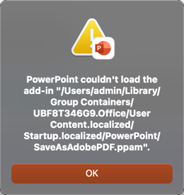 PowerPoint error indicating inability to load add-in